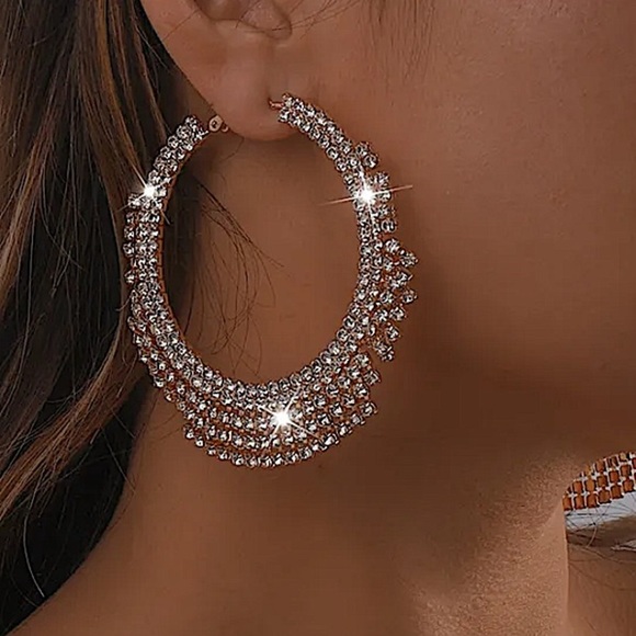 Gold Crystal Hoop Oversized Statement Tassel Earrings - Picture 1 of 4